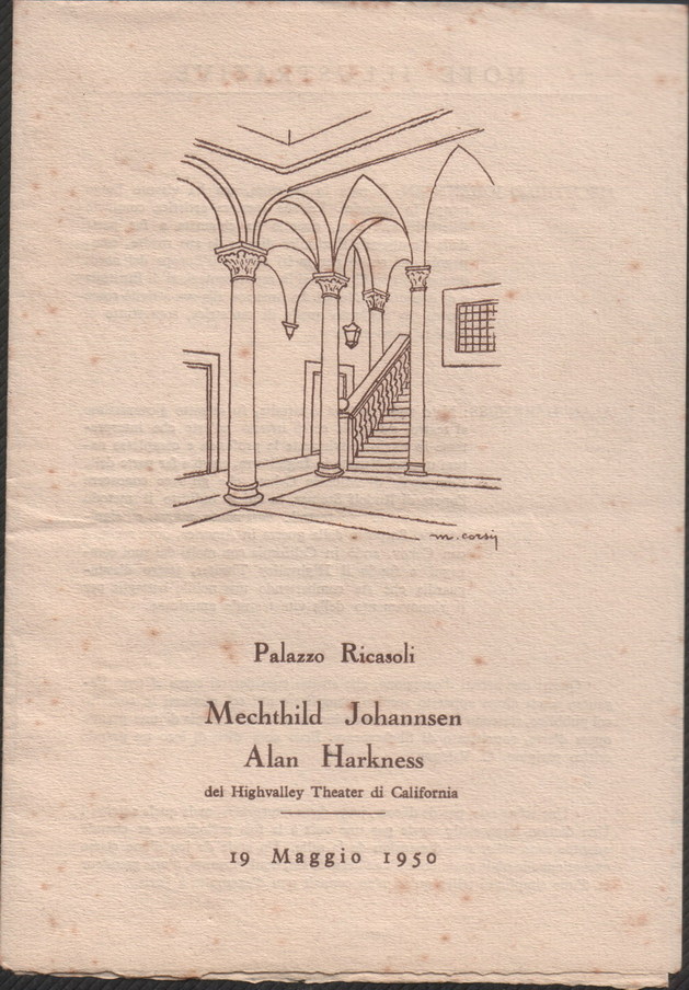 Cover of Italian program — m. corsy Palazzo Ricasoli Mechthild Johannsen Alan Harkness del Highvalley Theater di California 19 Maggio 1950