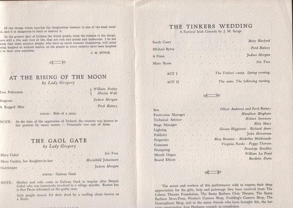 Inside page of Lobero Theatre Memorial Performance, Text: 
														
														THE TINKERS WEDDING
Beaty Marior
AT THE RISING OF THE MOON
or lady Gregon
amine
THE GAOL GATE
by Lady Gregory
Hels Yards - Peter ThersoN
Mary Cabel
to Galvay Gool to linguire after Deand
														